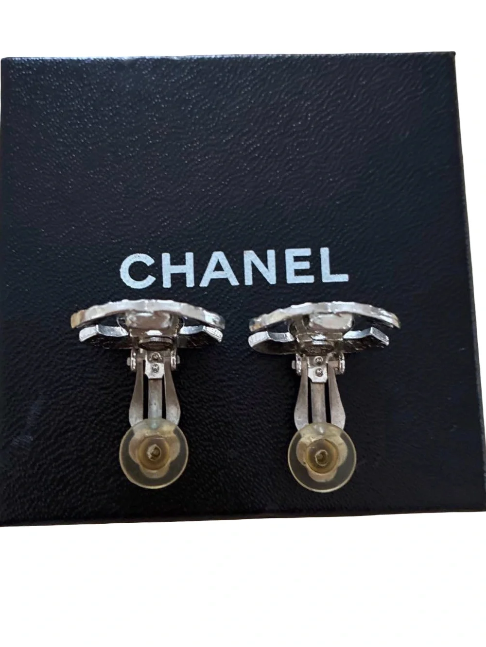 Authentic CHANEL Vintage 00A Silver-Tone Quilted CC Clip ON Earrings w/box & COA
